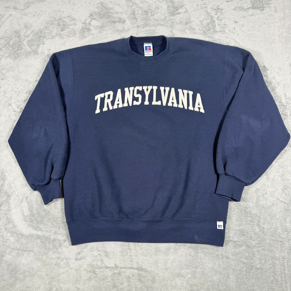 Vintage Russell Athletic Mens Large Sweatshirt Transylvania Navy Blue USA Made